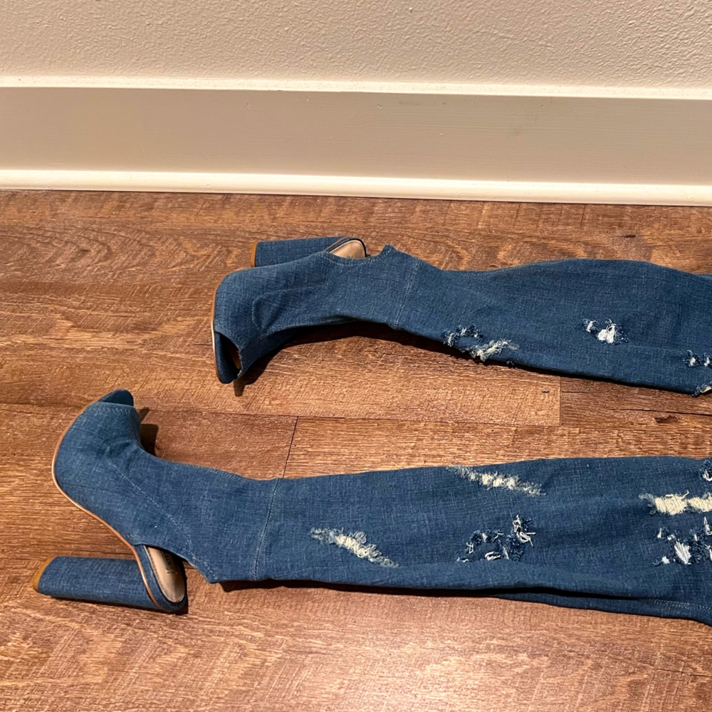 OPEN TOE/HEEL DENIM KNEE HIGH BOOTS